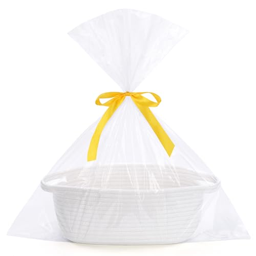 SweetMemo Gift Basket Empty with Handles 12x8x5 inch - Small Cute Woven Rope Basket for Baby Nursery Kids Toys - Includes Gift Bag & Ribbon Perfect for Wedding Birthday Gifting (White 1PC)