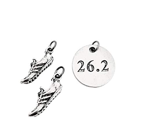 Running SHOE 26.2 Round Pewter Charm Set - Pair of Running Shoe Charms - TWO (2) Pewter Running Shoe Charms and 1 Round Pewter 26.2 Charm in Organza Bag