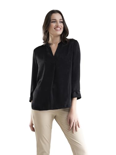 Image of FableStreet Women Shirt Work & Casual | Relaxed Fit Mandarin V-Neck Three-Quarter Sleeves Solid Pattern | Breathable Woven Fabric for Office & Everyday Wear