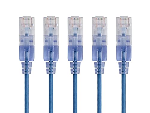 Image of Monoprice Cat6A 50ft Blue 5-Pk Patch Cable UTP 30AWG 10G Pure Bare Copper Snagless RJ45 SlimRun Series Ethernet Cable