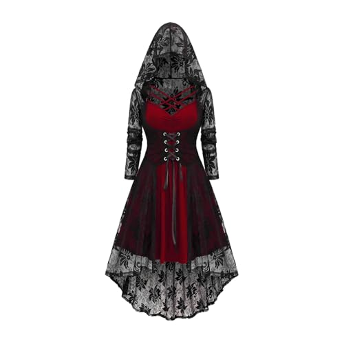 Womens Renaissance Costumes Gothic Lace Hooded Dress Witch Halloween Costumes Vintage Medieval Lace Up Cloak Robe Red