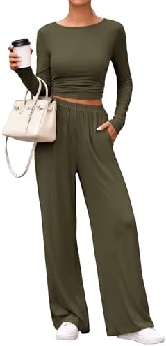PRETTYGARDN Two Piece Lounge Sets For Women 2025 Casual Long Sleeve Shirts Wide Leg Pants Tracksuit Workout Matching Set