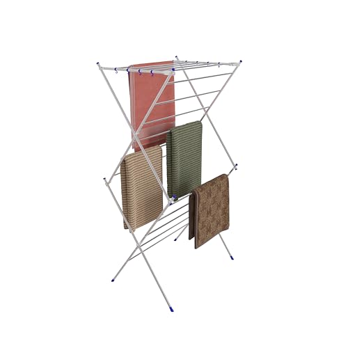 Image of Foldable Clothes Drying Stand | 3 Layer 16 Rod Stainless Steel Laundry Rack with 8 Hooks | Heavy Duty Indoor & Outdoor Cloth Dryer for Balcony, Home & Laundry Room - Blue