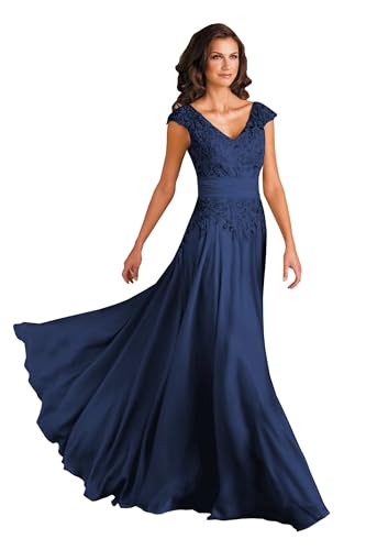 Image of Women's Lace Applique Mother of The Bride Dresses for Wedding V-Neck Long Formal Evening Gowns