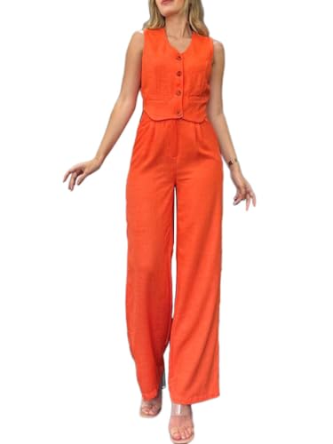 Ensemble 2 pièces été sans manches avec gilet boutonné et pantalon couleur unie