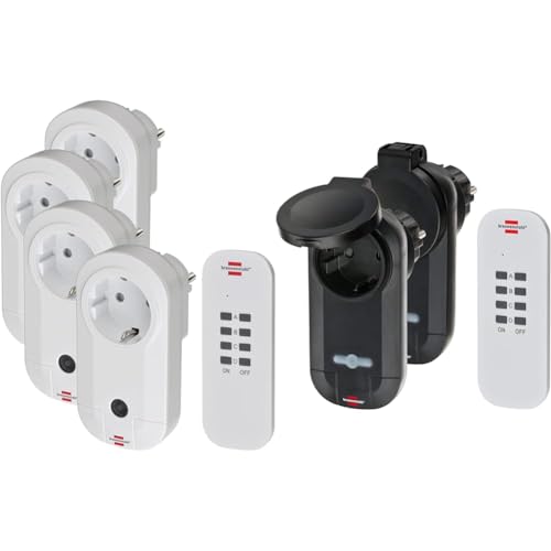 Brennenstuhl Funkschalt-Set RC CE1 4001 (4er) & RC CE1 0201 (2er) Funksteckdosen für Außenbereich IP44, Mit Handsender und Erhöhtem Berührungsschutz, Schwarz