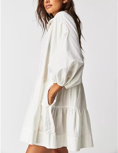 Image of HangNiFang Women's Summer Babydoll Mini Dress Flowy Puff Sleeve Tiered Button Down Oversized Tunic Dress with Pockets