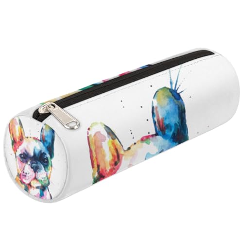 Image of Watercolor French Bulldog Canvas Pencil Case Bag, Dog Pattern Cylinder Zippe Pencil Case Storage Pouch Simple Stationery Bag for Middle High School Office College Student