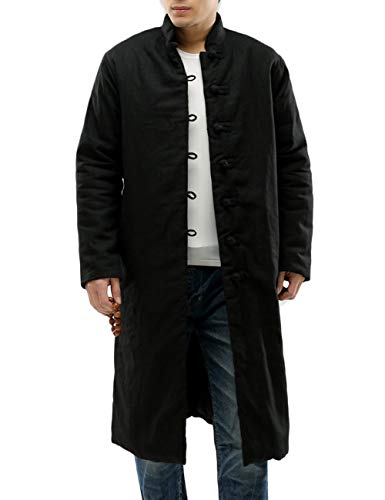 LUZU JUNU Men’s Cotton Linen Trench Coat Warm Winter Quilted Long Jacket Frog Button Overcoat with Pockets