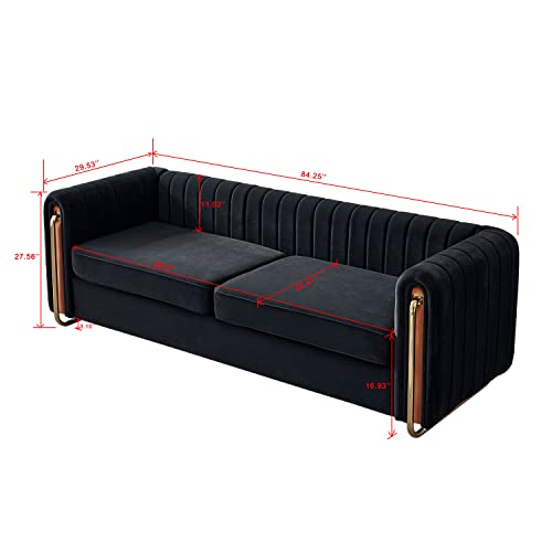 Image of KEIKI 84 inch Velvet Deep Channel Tufted Sofa with Back Cushions and Rolled Arms, Modern Style 3-Seater Couch with Golden Polished Steel Legs, Easy Assembly, for Living Room, Bedroom, Office, Black