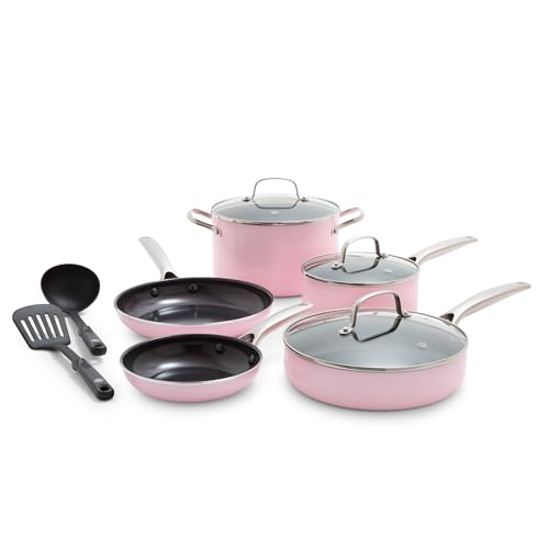 Image of Blue Diamond 10 Piece Nonstick Cookware Set, Diamond Ceramic Pots & Pans, Dishwasher & Metal Utensil Safe, Non Toxic PFAS-Free, Kitchen Cooking Sauce & Saute Pans, Oven & Broiler to 600F, Pink