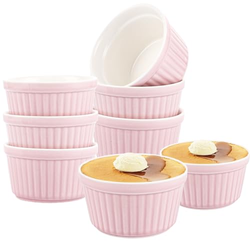 SHUESS 6er Creme Brulee Schälchen 200ml Rosa, Keramik Souffle Förmchen Backofenfest, Ofenfeste Förmchen für Dessert & Muffins, Ragout Fin Schalen, Creme Brulee Schalen, Souffleeförmchen Rund Ø 9 cm
