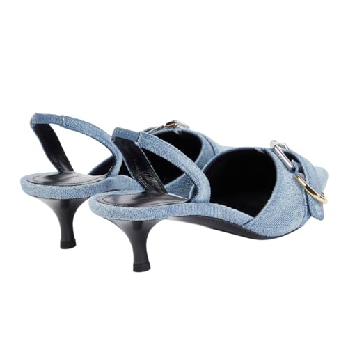 Goolita Denim Slingback Kitten Heels For Women, Pointed Toe Metals Buckle Heeled Sandals Strappy Slip on Office Dress Pumps Shoes2