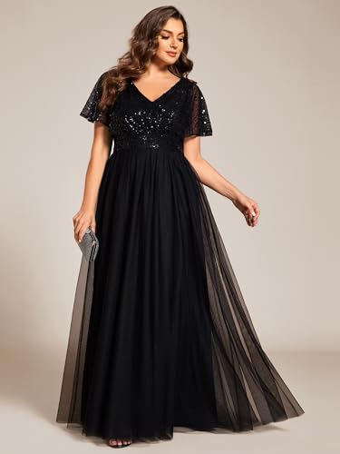 Ever-Pretty Plus Women's V Neck Curvy Short Sleeves A Line Sequin Plus Size Formal Evening Dresses 02223-DA4