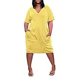 Plus Size Dresses for Curvy Women 2025 Spring Summer Casual Short Sleeve T Shirt Midi Dress with Pockets Sexy Wrap V Neck A Line Knee Length Beach Vacation Dresses Resort Wear A-Yellow 3X-Large