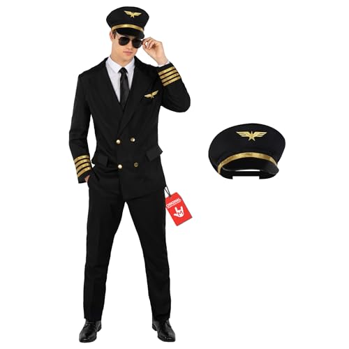 Morph Disfarce piloto avião homem, fato de capitão piloto, disfarces aviador preto, disfarce carnaval e Halloween homem - M