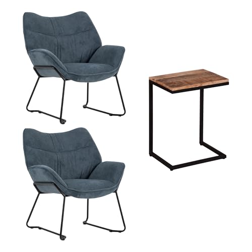 MR. DEKO Sessel Wohnzimmer | Sessel-Set Aliano Blau | Beistelltisch Materos | 2 Relaxsessel |Zwei Lesesessel | Lounge Sessel | Cocktailsessel | Ohrensessel | Leseecke