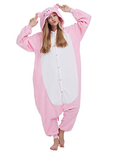 Pijama Animal Entero Unisex para Adultos con Capucha Cosplay Pyjamas Rosa Cerdo Ropa de Dormir Traje de Disfraz para Festival de Carnaval Halloween Navidad