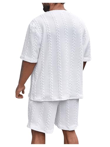 GORGLITTER Men's Big and Tall Vacation Beach Outfits Cable Knit Short Sleeve T Shirt Shorts Set2