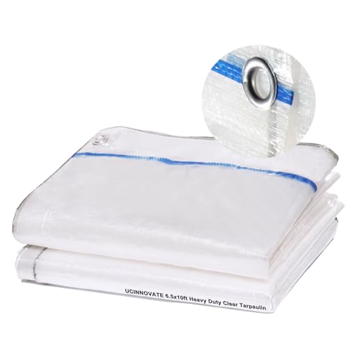 UCINNOVATE 6.5x10 FT Clear White Tarp Heavy Duty Waterproof 14 Mil Thick Clear Greenhouse Plastic Tarp Cover Durable Clear Tarp with Grommets for Patio Greenhouse Outdoor Kennel Chicken Coop Roof