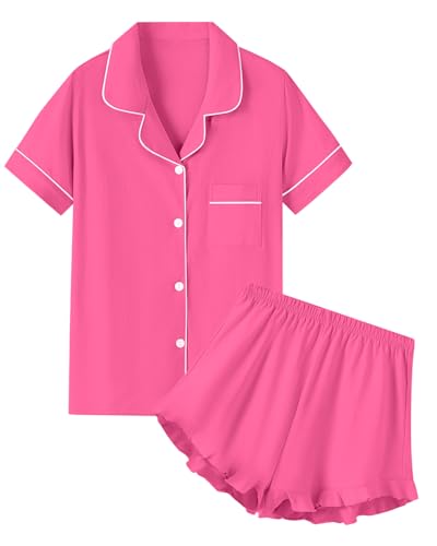 QZH.DUAO ガールズパジャマセット 綿100% 寝間着 ボタンダウン 半袖 フリル付きショーツ 2ピース PJS 5-14, ホットピンク, Largeの商品画像（Amazon）