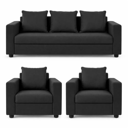 Image of Wood 3+1+1 Sofa Set 5 Seater | Velvet Fabric Upholstery | Wooden Frame Sofa Set with 3 Seater & 2 Single Chairs for Living Room, Home & Office (Dark Grey)