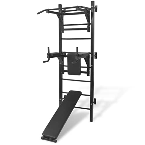 vidaXL Fitness Kraftturm Multifunktional Wandmontage mit Dip-Station Klimmzugstange Sit-Up-Bank Kraftstation Heimtrainer Power Tower Schwarz