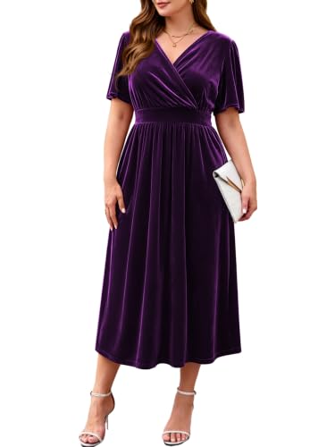 Image of BELAROI Plus Size Velvet Dresses Cocktail Party Fall Midi Dress with Pockets Wrap V Neck Empire Waist Short Sleeve L-4XL