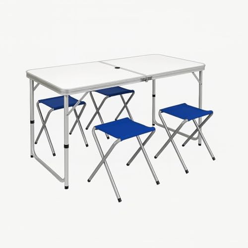 PALUPLUS Set Tavolo Campeggio in Alluminio con 4 Sgabelli pieghevoli Blu, Misura Tavolino 121x61x70 cm, Design Pieghevole a Valigetta con Maniglia e Foro per Ombrellone, per picnic, gita -8095F