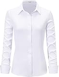 ONKEEP Dress Shirts for Women Long Sleeve Button Down Shirt Stretch Wrinkle Free Solid Casual Work Office Blouse Top White Medium