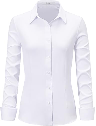 ONKEEP Dress Shirts for Women Long Sleeve Button Down Shirt Stretch Wrinkle Free Solid Casual Work Office Blouse Top White Medium