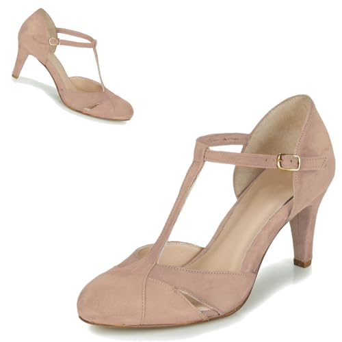 Women Kitten Heels Mary Jane Pumps Shoes Ankle T-Strap Closed Round Toe Sandals Heeled Cut Out Suede Mary Janes Dress Shoe Mid Thin Heel Patchwork Office Ladies Wedding Party Dance 4-11 M US