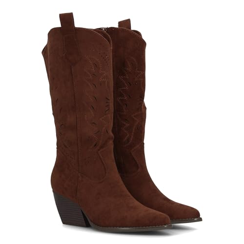 100391 Bota Alta de Mujer Estilo Cowboy con Diseno Troquelado Decorativo, Punta Fina y Tacon campero Diseno Western, Entretiempo Ideal para Uso Diario Primavera Verano Marron Talla 40
