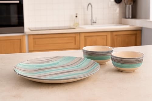 Image of HS HINDUSTANI SAUDAGAR Aqua Mist Ceramic Plate and Bowl dinnerware Sets Plates for Dinner Pasta Breakfast & katori Dinner Set Handcrafted Ideal Dining Table Kitchen Design for Daily use and Gifting.