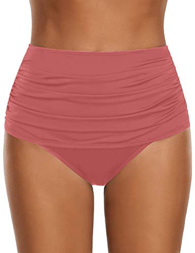 GRAPENT Women's Coral High Waisted Swim Bottom Ruched Bikini Tankini Swimsuit Briefs Size M