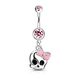 Pierced Owl 14G 316L Surgical Steel Cute Skull with Paved Gem and Epoxy Bow Navel Belly Ring