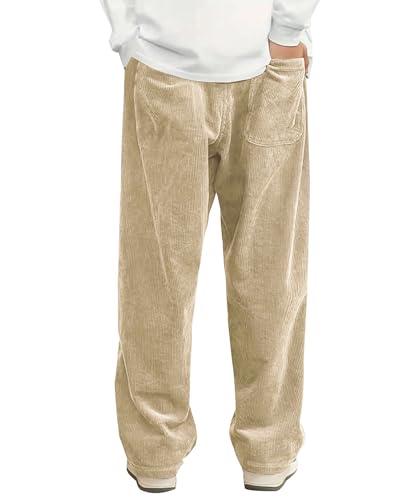 Image of Hidkat Mens Corduroy Casual Pants Fashion Loose Fit Wide Leg Pants Straight Sweatpants Elastic Waist Drawstring
