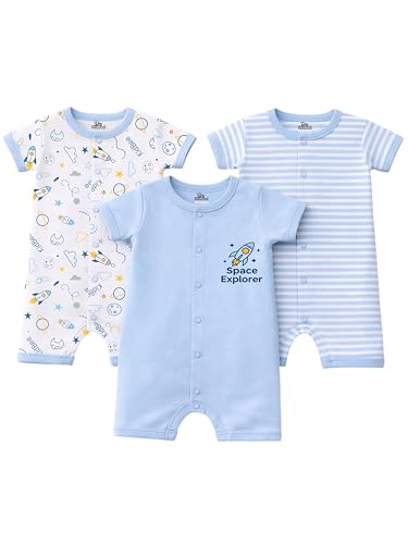 Image of Kidbee Infant Cotton Romper Set Pack of 3, Half Sleeve Front Open Bodysuit Jumpsuit for Baby Boys & Girls, 0-9 Months