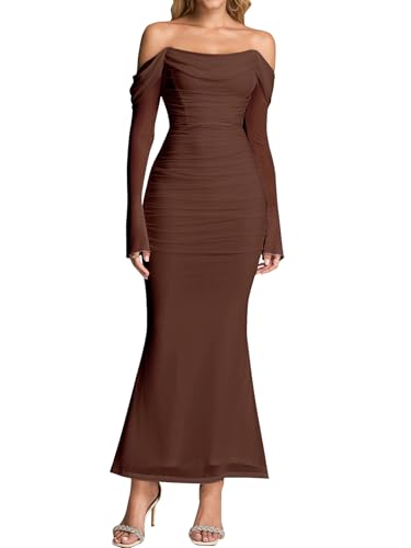 KUTUMAI Off Shoulder Long Sleeve Maxi Dress Corset Bodycon Ruched Cocktail Formal Wedding Guest Dresses for Women Fall