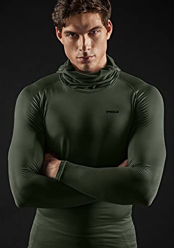 Tsla Men's Thermal Compression Shirts Hoodie With Mask, Long Sleeve Winter Sports Base Layer Top, Active Running Shirt, Heatlock Hoodie Olive, Medium #TOP5
