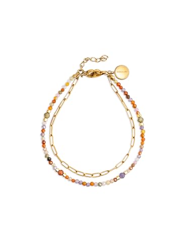 SINGULARU - Pulsera Double Crystal Summer - Pulseras en Acero con Acabado en Baño Oro de 18Kt - Pulsera con Detalles en Cristales de Colores - Largo de 21 cm - Joyas Para Mujer