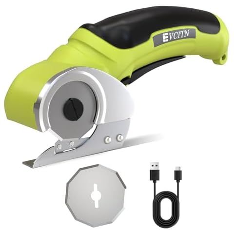 Evcitn Cordless Electric Scissors, Cardboard Cutter with Replacement Self-Sharpening Cutter Blade and Safety Lock, Rotary Cutter [Southpaws Friendly] for Fabric, Carpet, Leather or Plastic, Green Cover