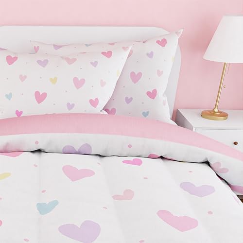 Image of SANDJEST Heart Comforter Set Full Size 98x86in for Kids Girls, Microfiber 4 Pcs Bedding Set Includes 1 Comforter, 2 Pillowcases, 1 Fitted Sheet, Nursery Room Decor