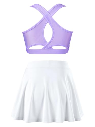 Kids Girls Plain Crop Top & Skater Skirt Set Tennis Golf Outfit 2 Piece Sport Training Tacksuit Set Activewear Lavender&White 12 Years2