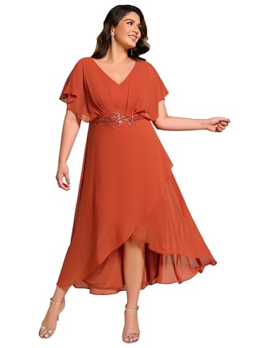 Image of Ever-Pretty Plus Women's V Neck Applique Plus Size Wedding Guest Dress Applique Short Sleeves Maxi Foraml Dresses Burnt Orange US20