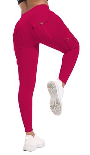JEGGE High Waist Yoga Leggings with 4 Button Pockets,Butt Lifting Tummy Control Workout Running 4 Way Stretch Cargo Pants (Raspberry, Large)