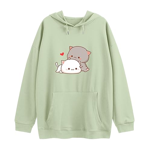 Wrenpies Cute Cat Graphic Hoodies Aesthetic Hooded Sweatshirts for Teen Girls Kawaii Cartoon Anime Lightweight Pullover Tops (Light Green,S,Small)