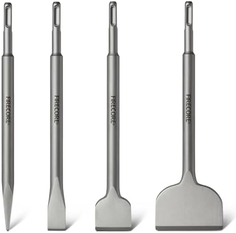 SDS Chisel Set, Firecore 4pcs Tile Removal Chisel Bits for SDS Plus Rotary Hammer Drill Attachments, Alloy Steel Shovel for Demolition Chipping Grooving Scaling Removing Cement Thinset Mortar Vinyl