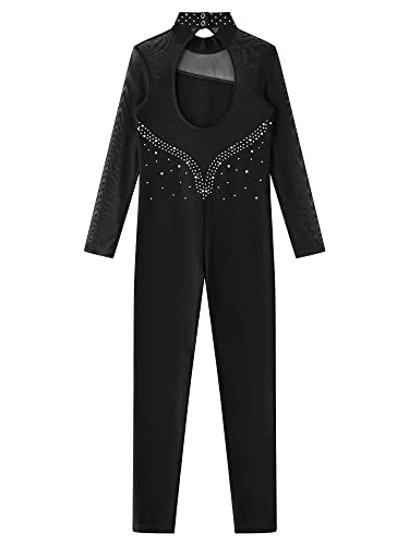 Oyolan Kids Girls Rhinestones Long Sleeves Full Body Jumpsuit Romper Leotard Unitard For Ballet Dance Gymnastics Black 14 Years thumb #3