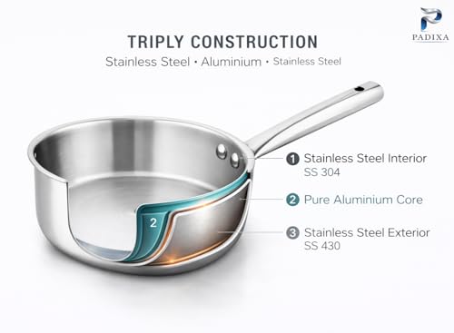 Image of Tri-Ply Stainless Steel Frying Pan with Lid 24cm | Triply Construction with Aluminium Core, Heavy Duty Skillet with Glass Lid, Riveted Handle, Induction Compatible (1.7 LTR)